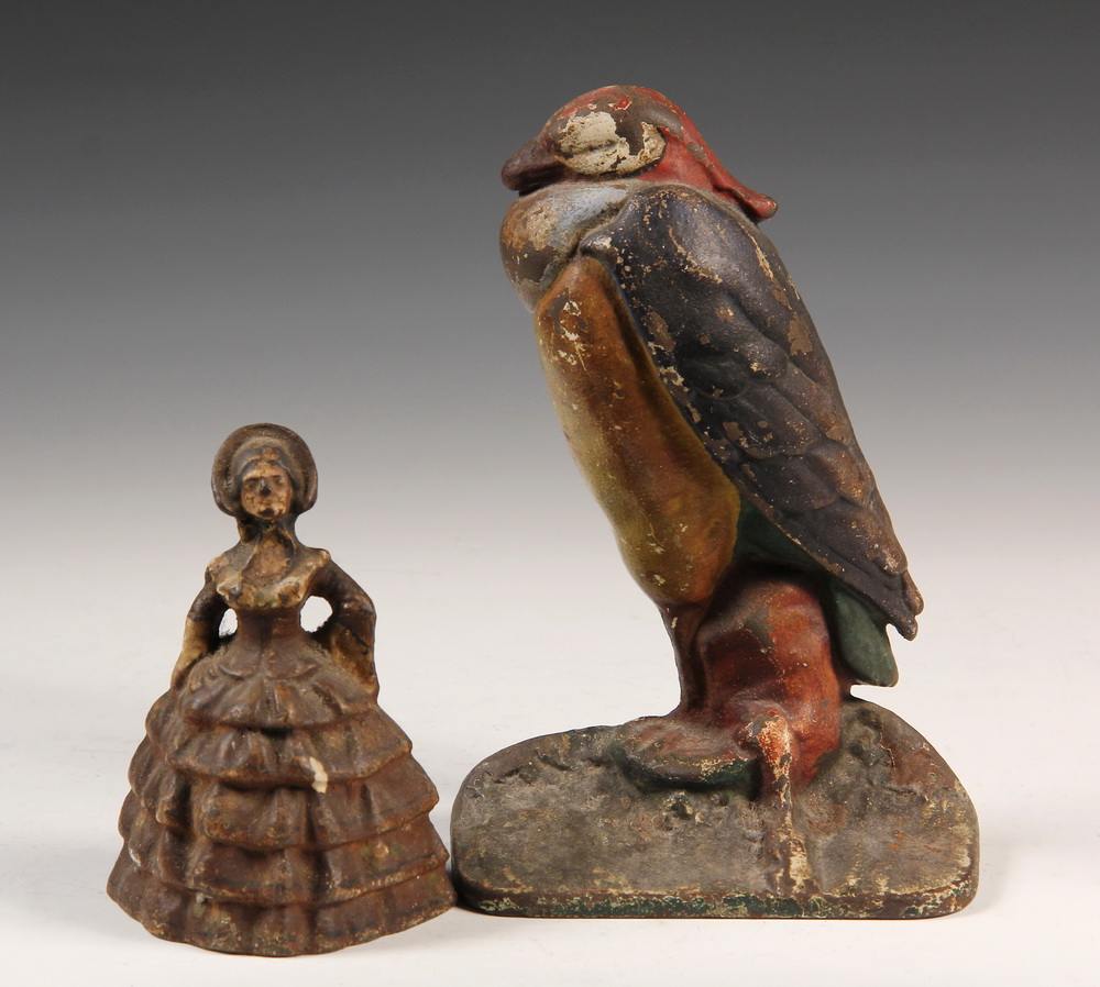 Appraisal: CAST IRON DOORSTOPS - Painted Iron Standing Macaw Bird with