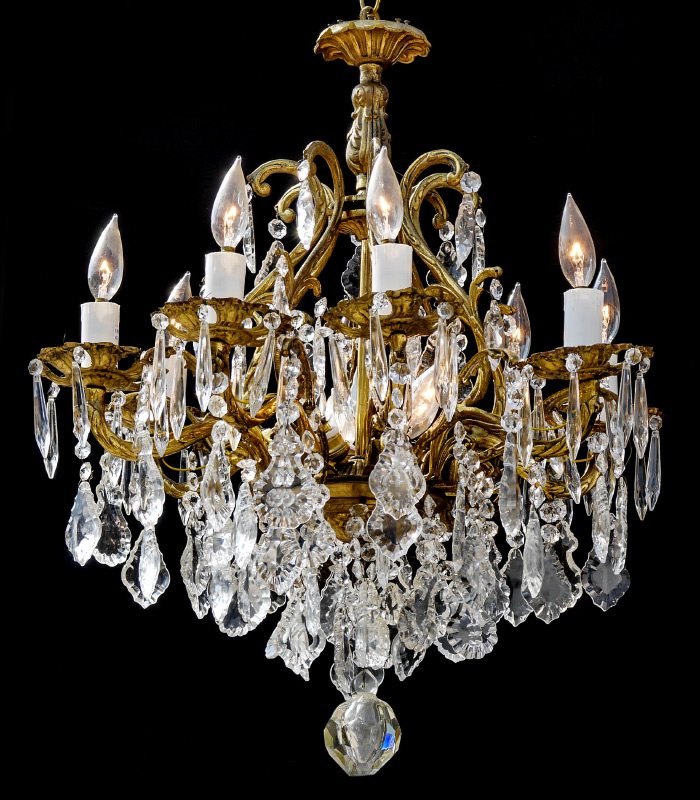 Appraisal: BRASS CRYSTAL LIGHT CHANDELIER brass arms with foliate scroll design