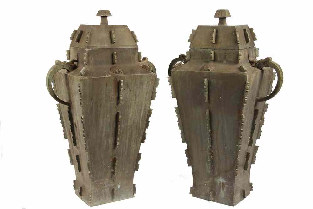 Appraisal: PAIR LARGE CHINESE BRONZE URNS - Pair Chinese Tapered Square