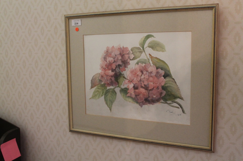 Appraisal: L Erskine Study of pink Hydrangeas watercolour drawing signed and