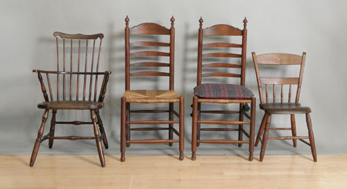 Appraisal: Pair of ladderback chairs together with a rush seat windsor