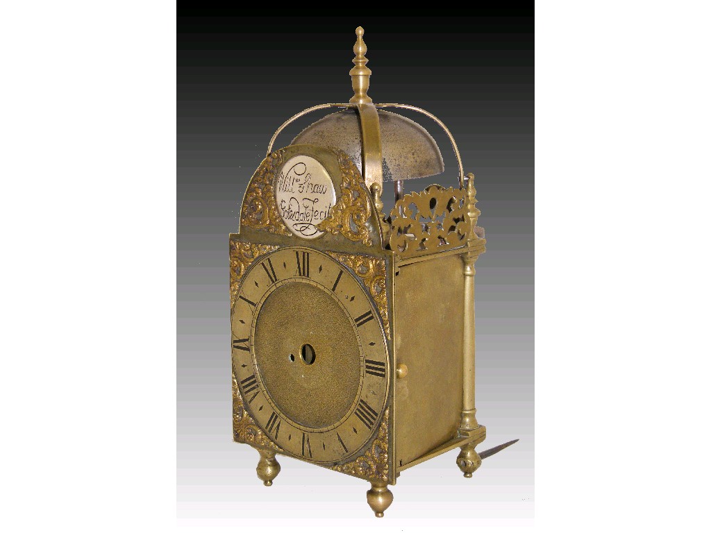 Appraisal: Miniature verge lantern clock the arched dial signed Willm Shaw