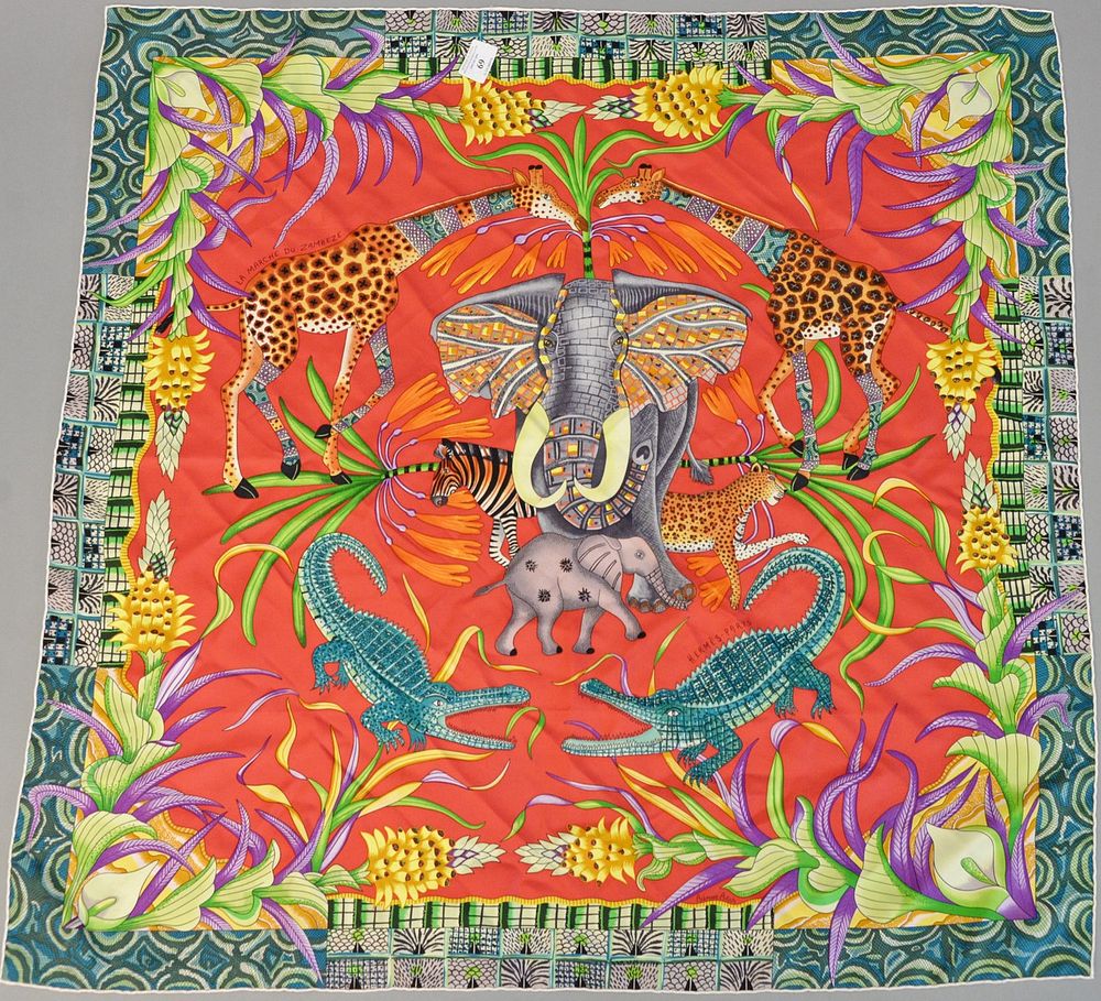 Appraisal: Herm s silk scarf La Marche Du Zambeze having animal