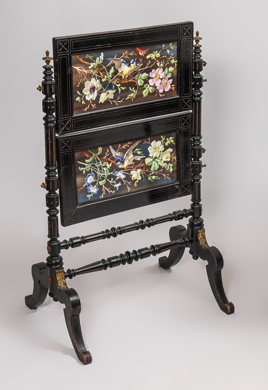 Appraisal: VICTORIAN AESTHETIC MOVEMENT PAINT DECORATED FIRE SCREEN articulated panels with