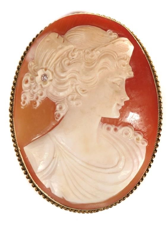 Appraisal: k gold framed carved shell cameo pin with loop for