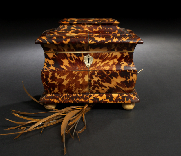 Appraisal: Tall English Sumptuously Figured Tortoiseshell and Bone Bombe-Form Double-Compartment Tea