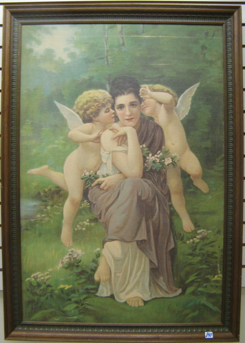 Appraisal: A VICTORIAN OIL ON TEXTILE anonymous artist Two winged cupids