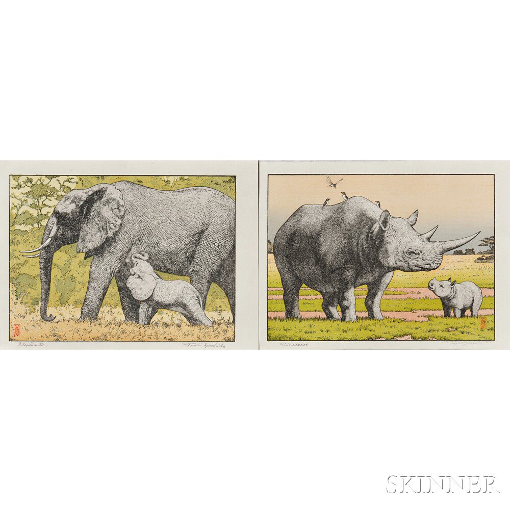 Appraisal: Toshi Yoshida - Two Color Woodblock Prints Japan Rhinoceros sealed