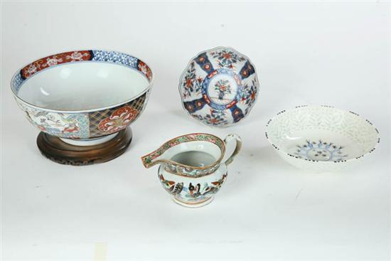 Appraisal: FOUR PIECES ORIENTAL PORCELAIN Imari bowl with wooden stand h