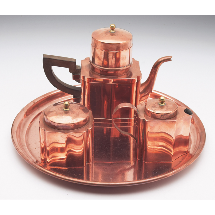 Appraisal: Joseph Heinrichs tea set copper tray teapot cream and sugar