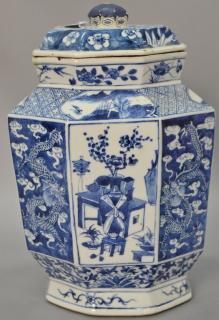 Appraisal: Blue and white porcelain covered octagon jar with painted panels