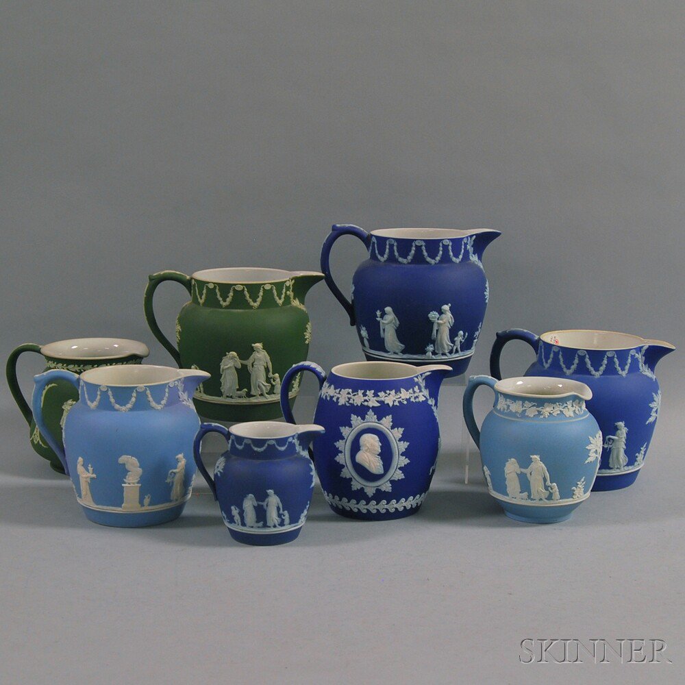 Appraisal: Eight Wedgwood Jasper Jugs th th century including four dark