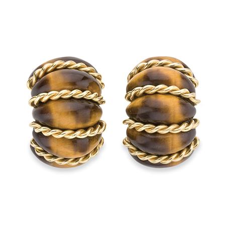 Appraisal: Pair of Gold and Tiger's-Eye Shrimp Earclips Seaman Schepps Estimate