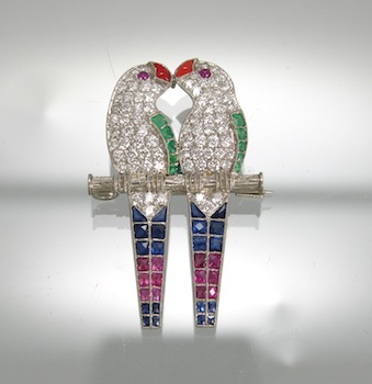 Appraisal: An Adorable Platinum Lovebirds Brooch with Diamonds Sapphires Emeralds and