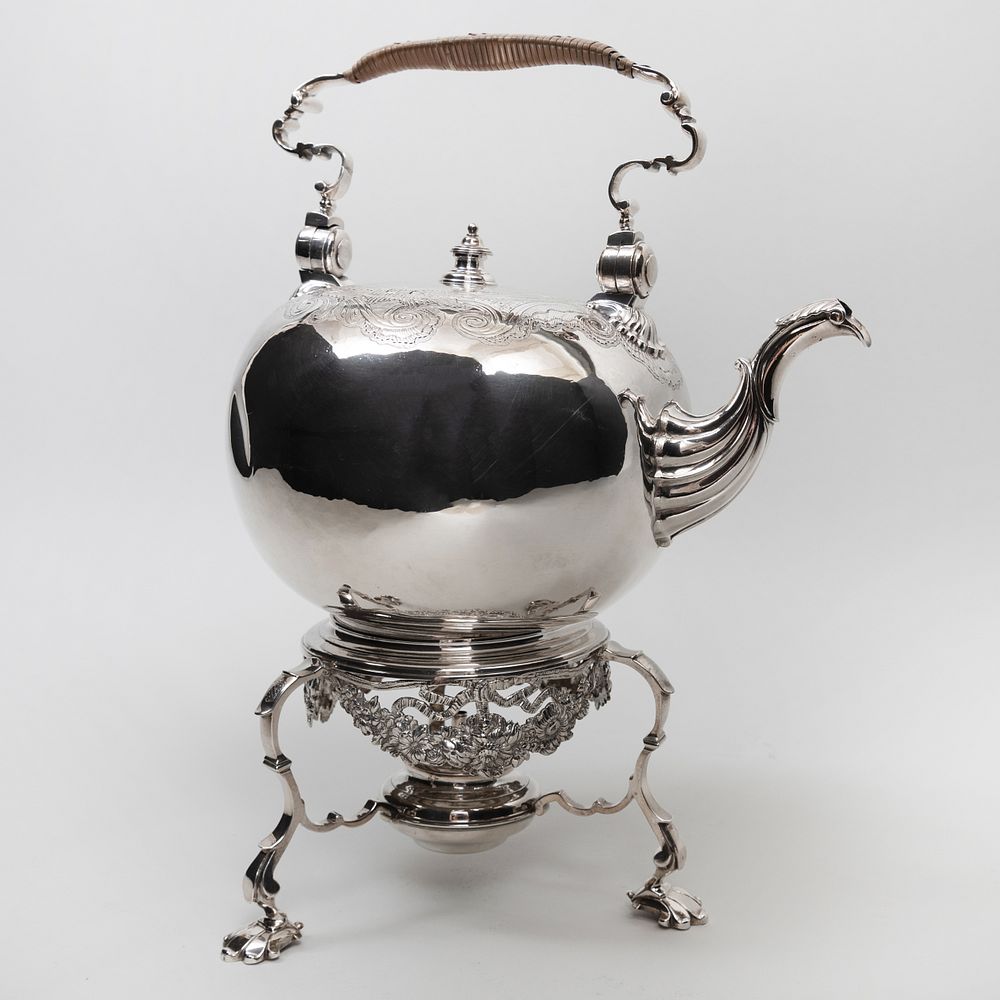 Appraisal: George II Silver Hot Water Kettle on an Associated Silver