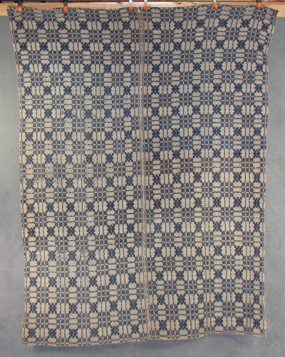 Appraisal: Blue White Wool on Cotton Coverlet Mid th Century Geometric