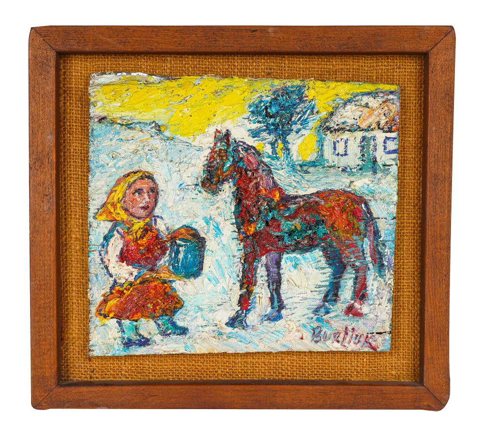 Appraisal: DAVID BURLIUK GIRL WITH HORSE oil on panel signed lower