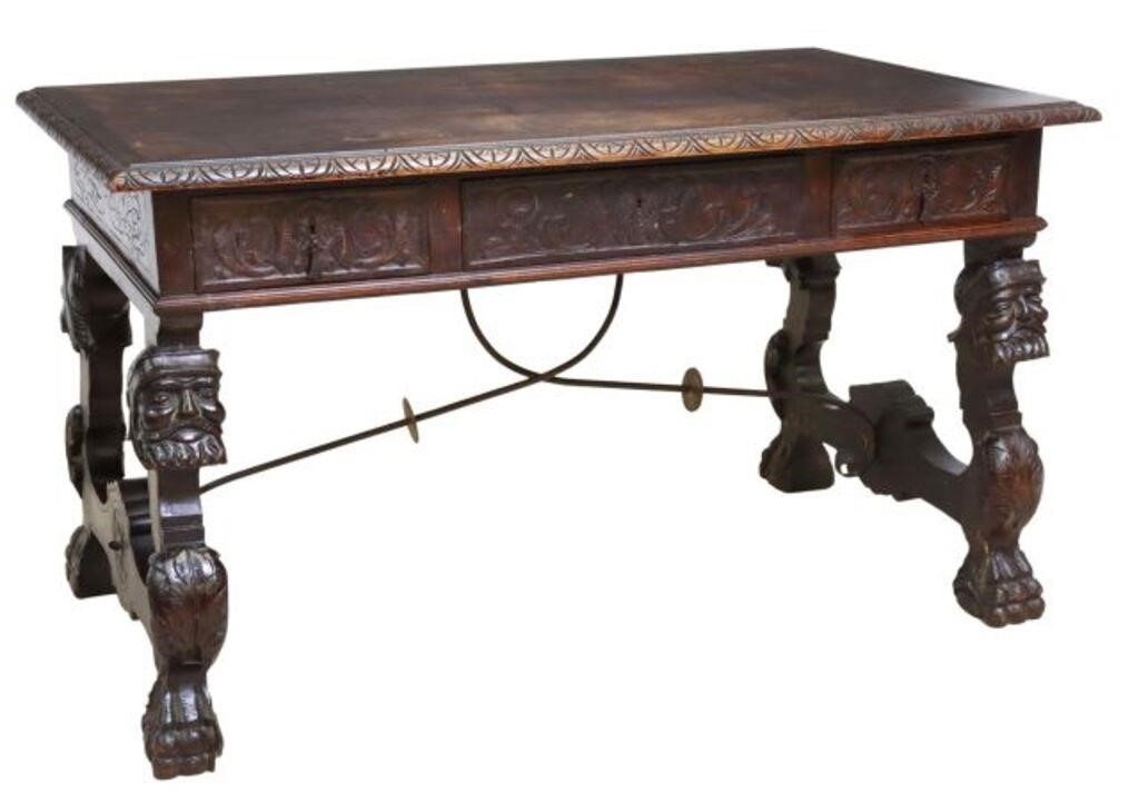 Appraisal: Spanish Renaissance Revival library desk th c having carved lunette