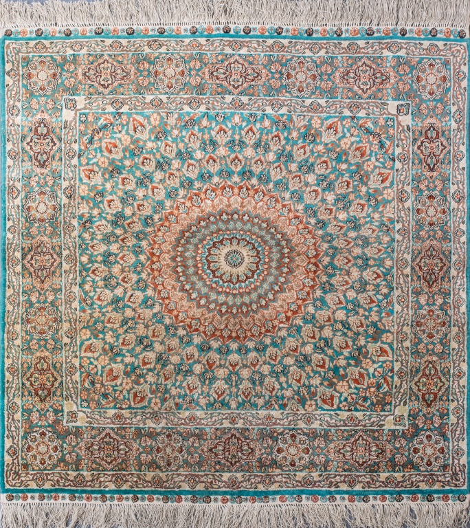 Appraisal: PERSIAN HAND KNOTTED SILK FLORAL MEDALLION RUG Persian hand knotted