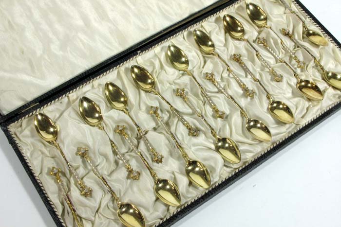 Appraisal: CASED SET OF EIGHTEEN FINE SILVER GILT GERMAN COFFEE SPOONS