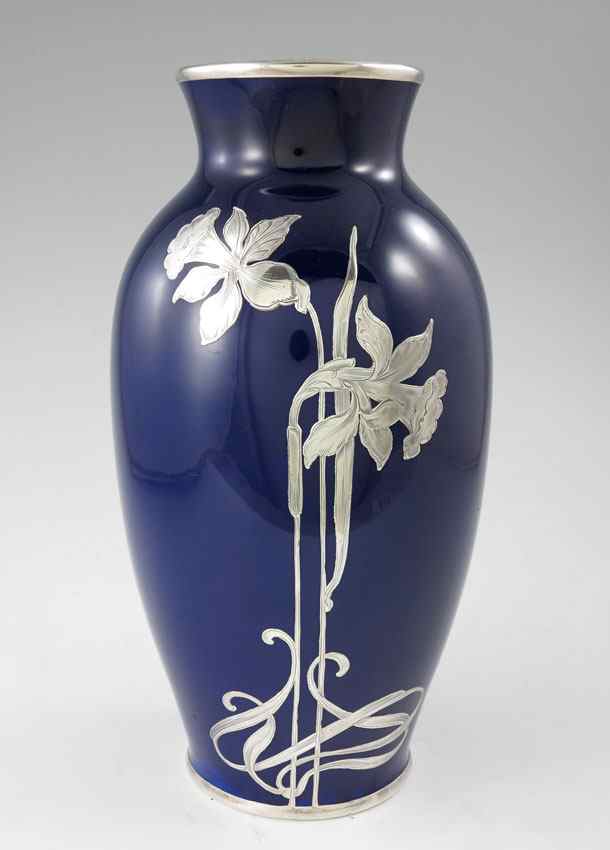 Appraisal: ART NOUVEAU STERLING SILVER OVERLAY VASE Daffodil design over cobalt