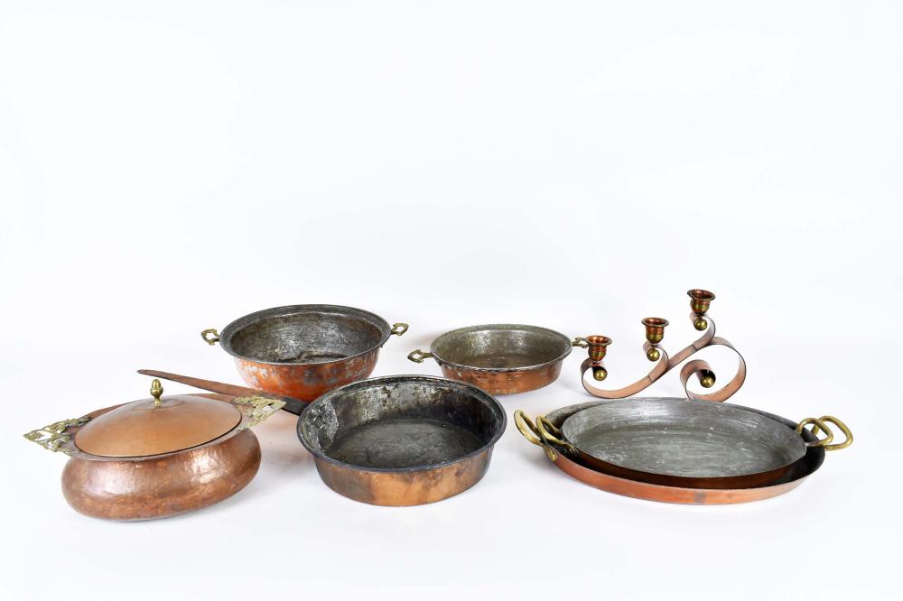 Appraisal: SIX COPPER KITCHEN PANS A CANDELABRUMOf various types with iron