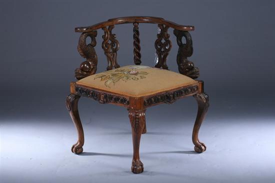 Appraisal: ENGLISH REGENCY-STYLE CARVED OAK CORNER CHAIR th century with needlework