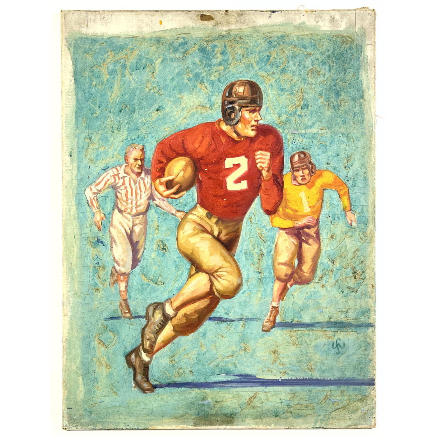 Appraisal: Initialed Painting on Canvas American Football Illustration Dimensions Image Size