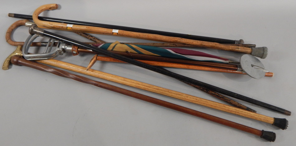 Appraisal: A collection of walking sticks etc to include two ebonised