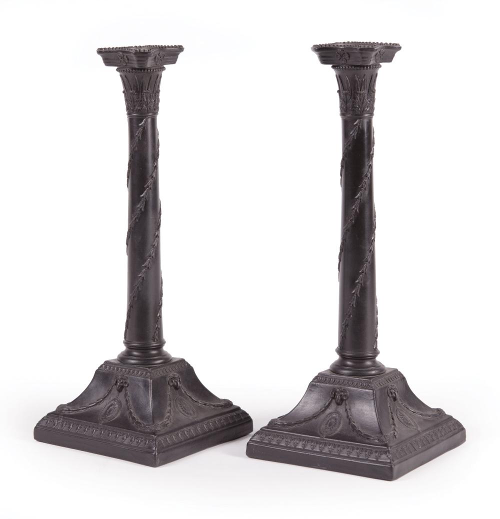 Appraisal: Pair of Wedgwood Black Basalt Columnar Candlesticks c impressed Wedgwood