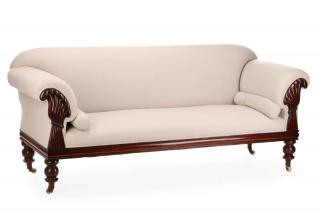 Appraisal: American Empire Style Mahogany Sofa Beige Linen American late th