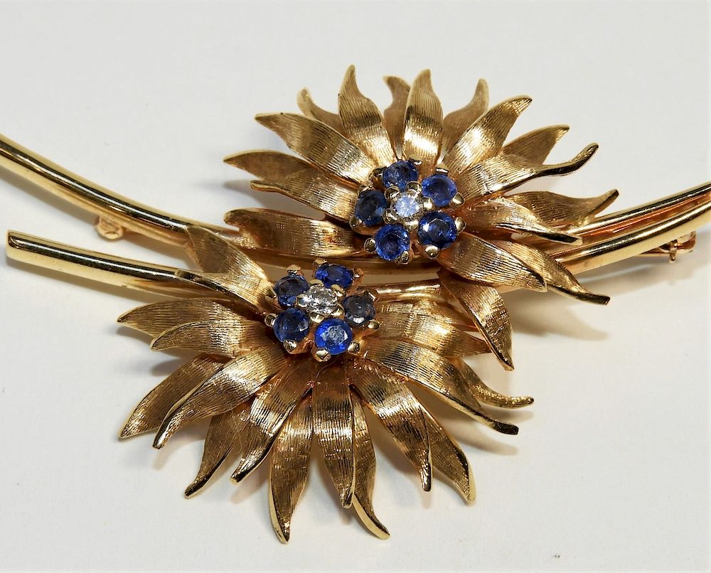 Appraisal: FINE KT Gold Sapphire Diamond Floral Brooch th Century Stylized