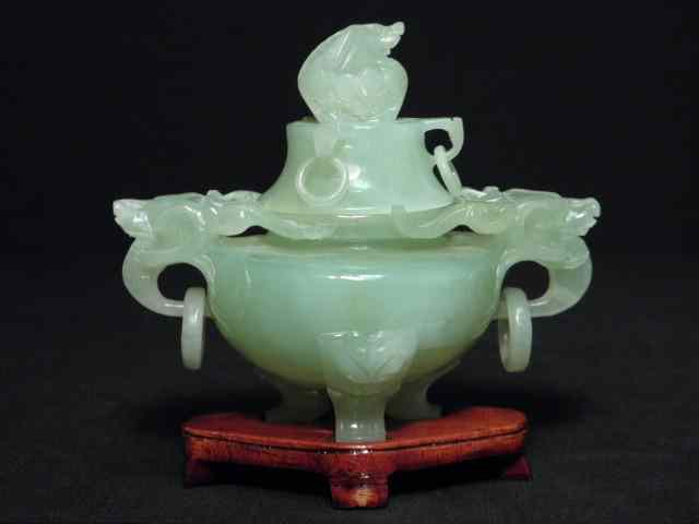 Appraisal: Chinese carved green hardstone urn or censer Lidded with carved