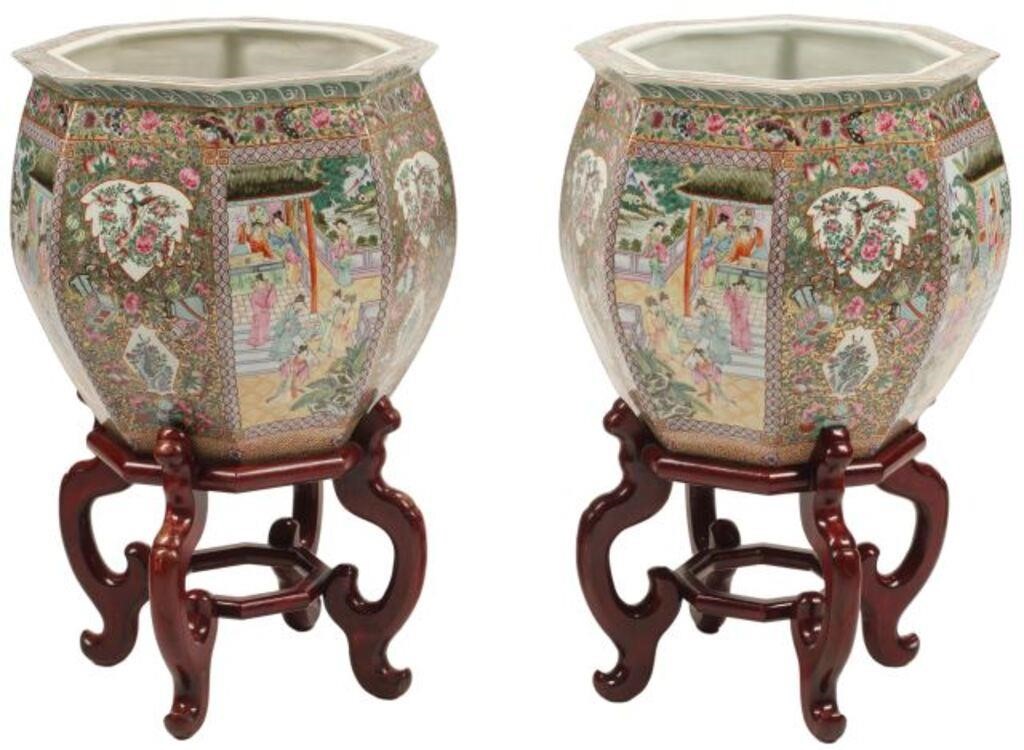 Appraisal: pair Chinese rose medallion porcelain fishbowls planters on wood stands