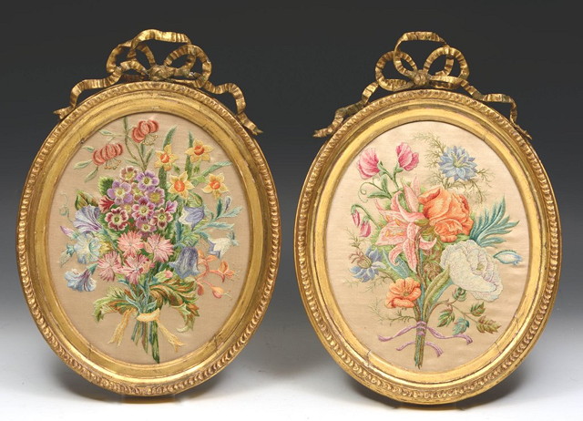 Appraisal: A PAIR OF TH CENTURY OVAL SILK EMBROIDERED PICTURES each