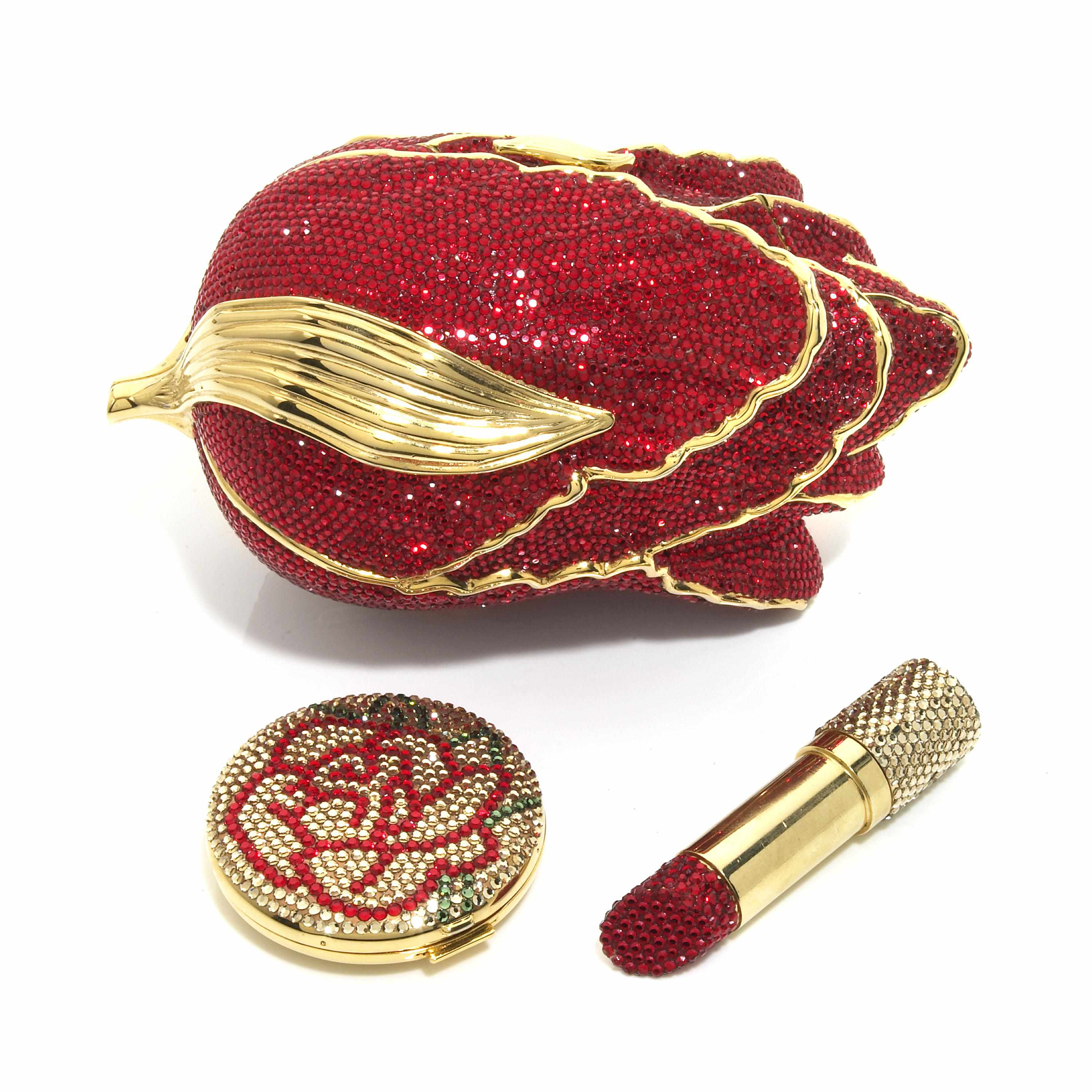 Appraisal: A red crystal and gold colored metal detailing tulip minaudiere