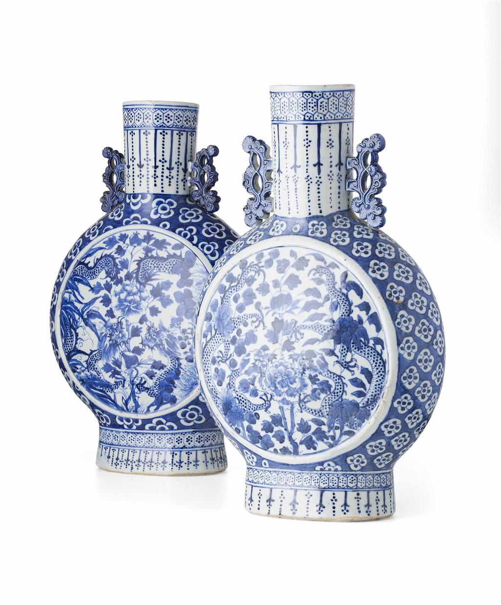 Appraisal: PAIR OF BLUE AND WHITE 'DRAGON AND PEONY' MOON FLASKS