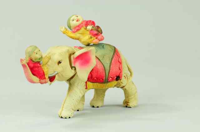 Appraisal: CELLULOID ELEPHANT AND RIDERS Japan painted celluloid depicts playful elephant