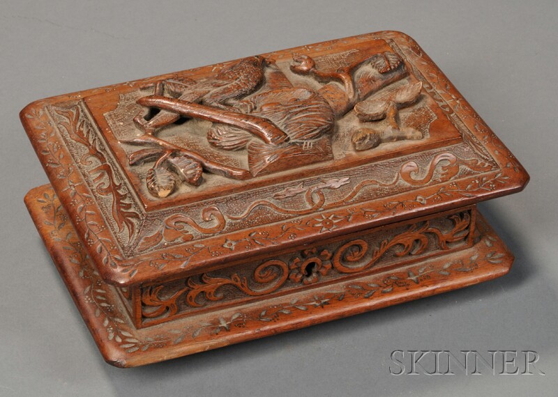 Appraisal: Carved Walnut Box with Bird on Nest Motif America th