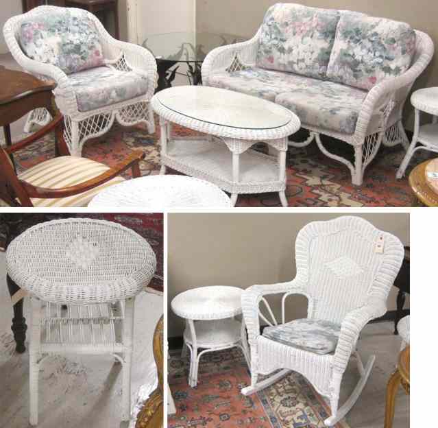 Appraisal: SEVEN-PIECE WHITE WICKER FURNITURE GROUP settee armchair rocking chair oval