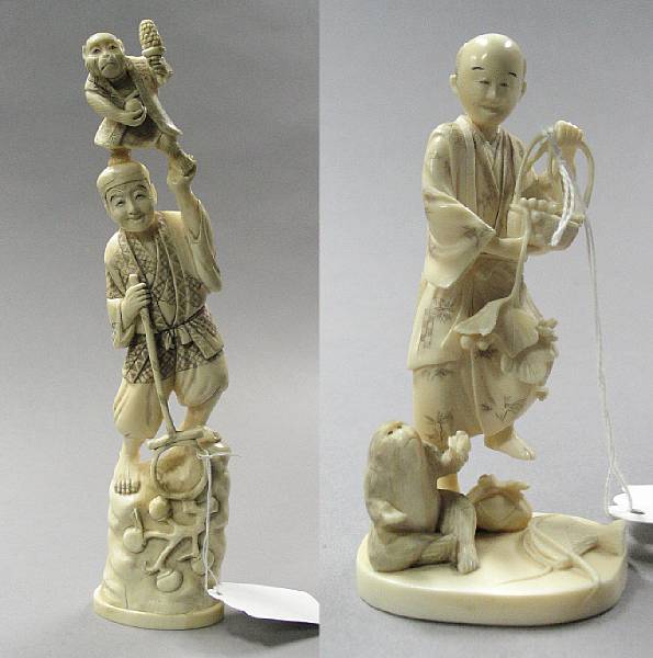 Appraisal: Two ivory carvings Both depicting a monkey trainer and his