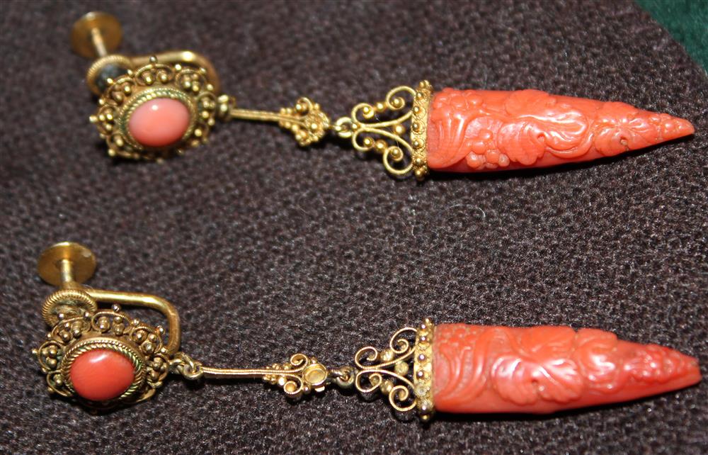 Appraisal: PAIR OF VICTORIAN CORAL AND GOLD DROP EAR PENDANTS both