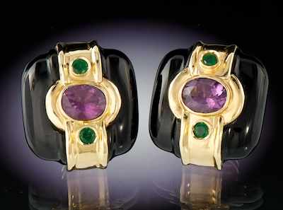 Appraisal: k Amethyst and Emerald in Onyx Clip Earrings