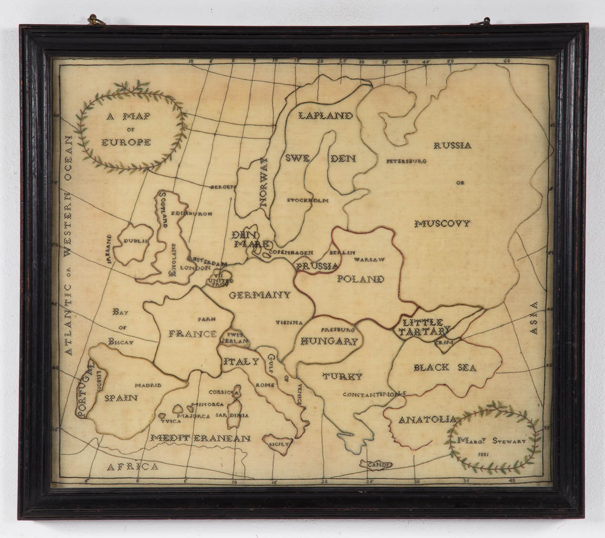 Appraisal: English needlework map of Europe Worked by Margaret Stewart dated