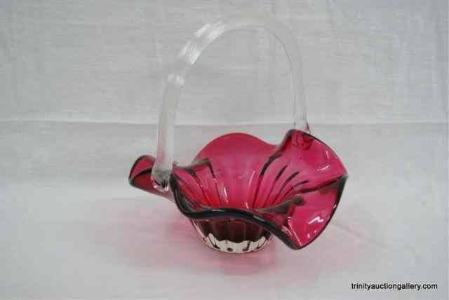 Appraisal: Fenton Glass Cranberry '' Basket With a clear applied handle