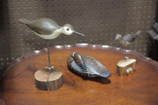 Appraisal: THREE JIM SLACK DECOYS A preening mallard hen decoy base