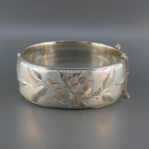 Appraisal: Sterling Silver Bangle Bracelet finely detailed floral brushed finish marked