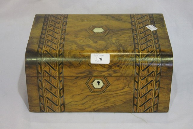 Appraisal: A VICTORIAN WALNUT WRITING BOX with inlaid straw work decoration