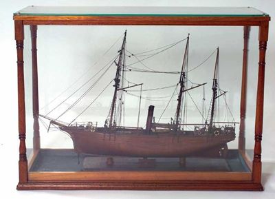 Appraisal: A painted wood model of a whaler in a glazed