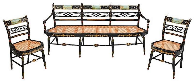 Appraisal: Sheraton Style Bench With Two Side Chairs th century finely